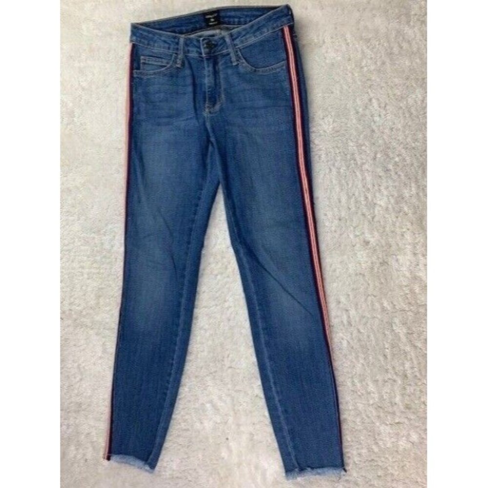 Just Black Size 25 Womens Jeans Red Stripe Leg Stretch Mid Rise Med Wash Raw Hem